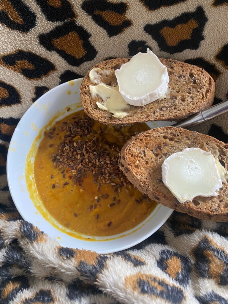 Easy homemade carrot and lentil soup with bread and cheese, simple soup recipes