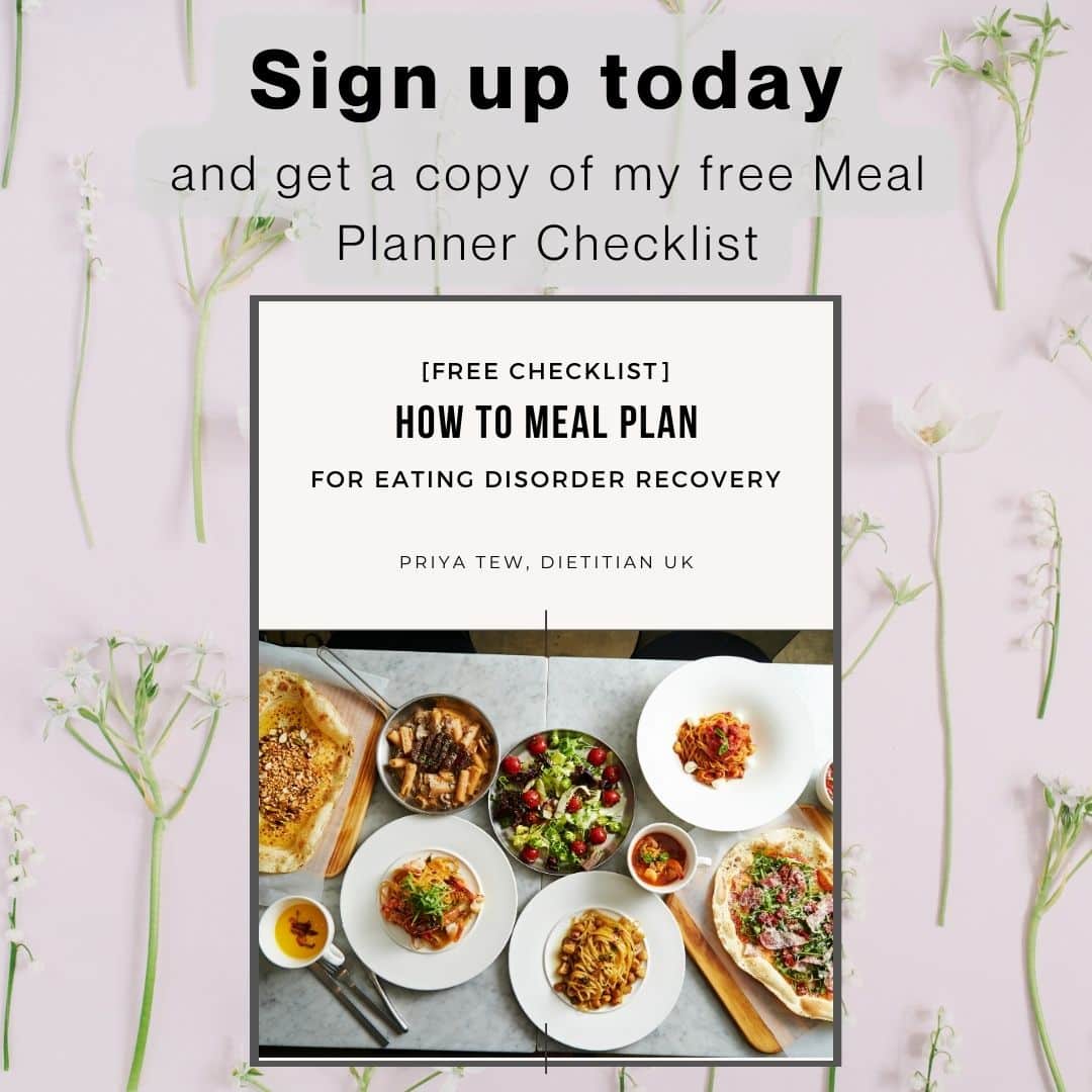 Sign up for my free meal planner checklist from Priya Tew, Eating Disorder Dietitian