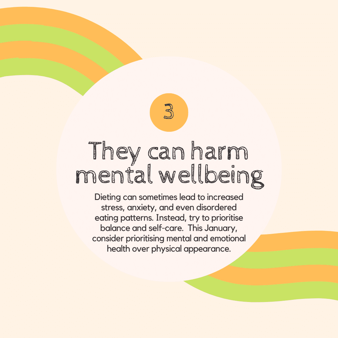 Deits can harm mental wellbing. Leadint o increased stress, anxiety and disordered eating.
