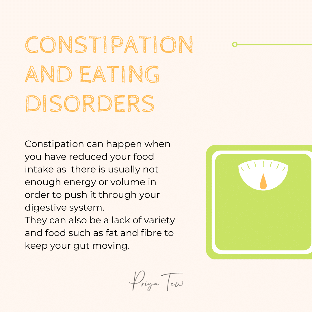 Constipation can happen when you have reduced your food intake as there is usually not enough energy or volume in order to push it through your digestive system. They can also be a lack of variety and food such as fat and fibre to keep your gut moving. - Constipation can happen when you have reduced your food intake as there is usually not enough energy or volume in order to push it through your digestive system. They can also be a lack of variety and food such as fat and fibre to keep your gut moving.