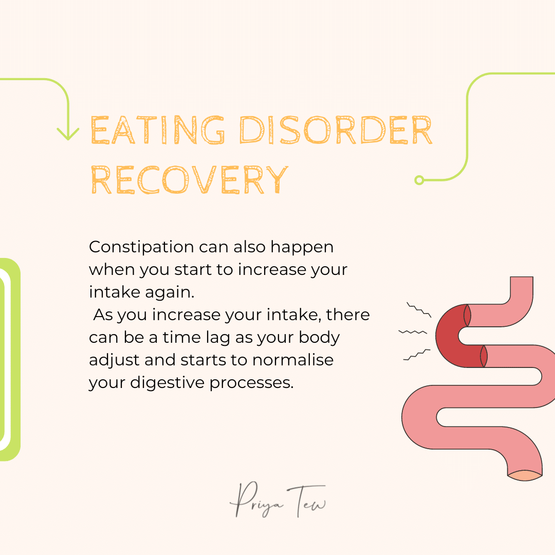 Eating disorder recovery and constipation: Constipation can also happen when you start to increase your intake again. As you increase your intake, there can be a time lag as your body adjust and starts to normalise your digestive processes.