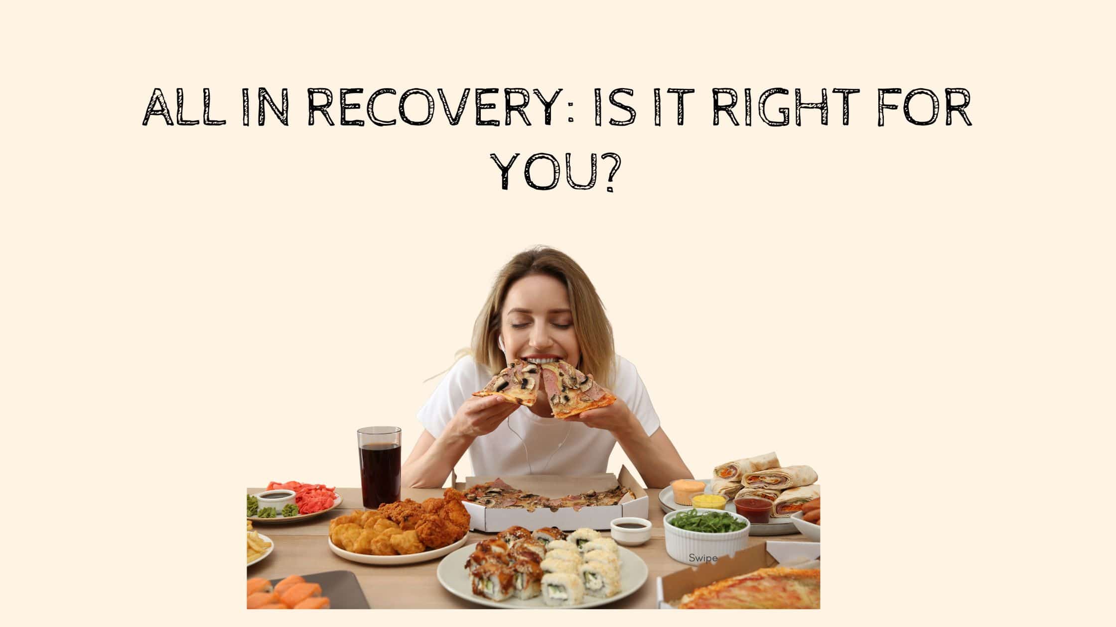 Image showing lady eating pizza, talking about all in recovery